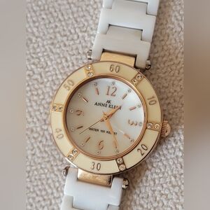 Anne Klein AK White & Gold Crystal Bezel Watch